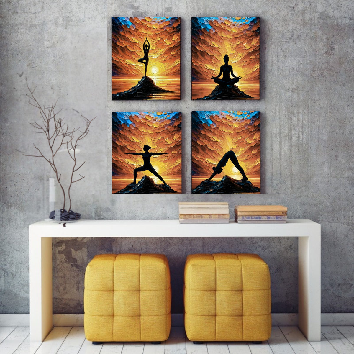 133.02 – Yoga Sunrise Serenity – Set of 4 Premium Wall Art Panels – room mock-up 1
