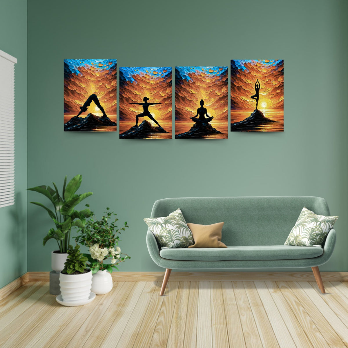 133.02 – Yoga Sunrise Serenity – Set of 4 Premium Wall Art Panels – room mock-up 2