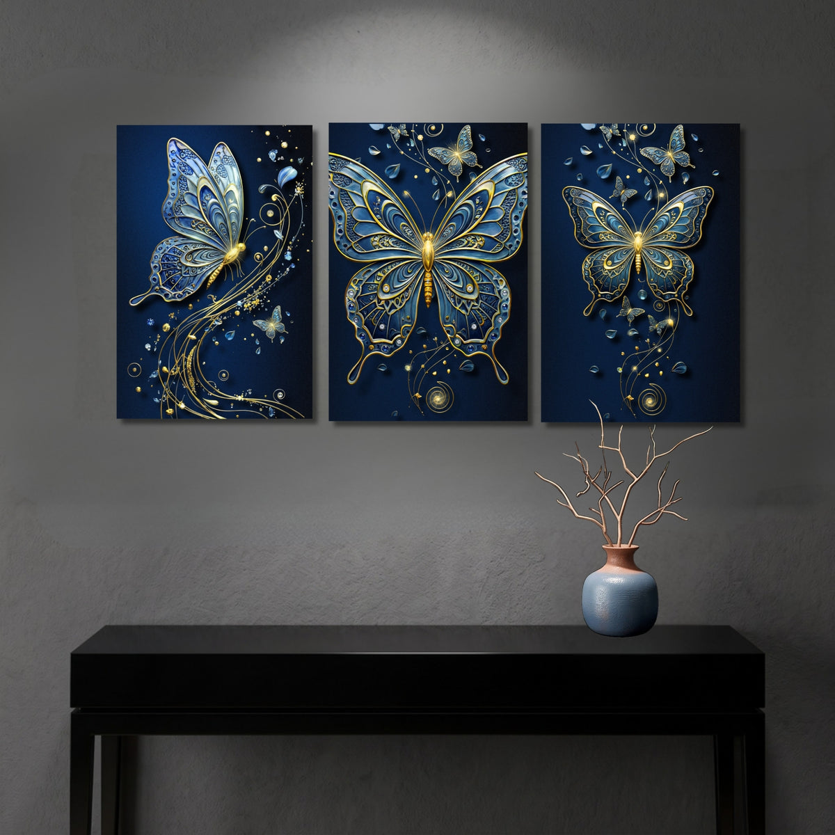 133.06 – Sapphire and Gold Butterflies – Set of 3 Premium Wall Art Panels – room mock-up 1