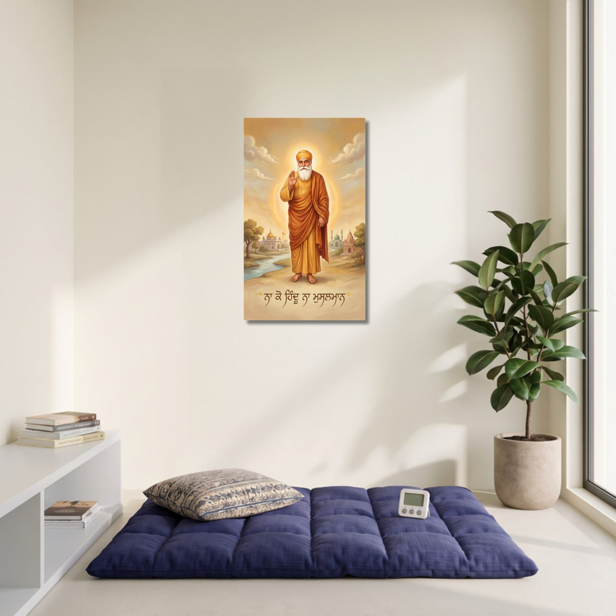 135.02 – Harmony of Faiths: Guru Nanak Dev Ji Blessing Portrait Premium Wall Art – room mock-up 2