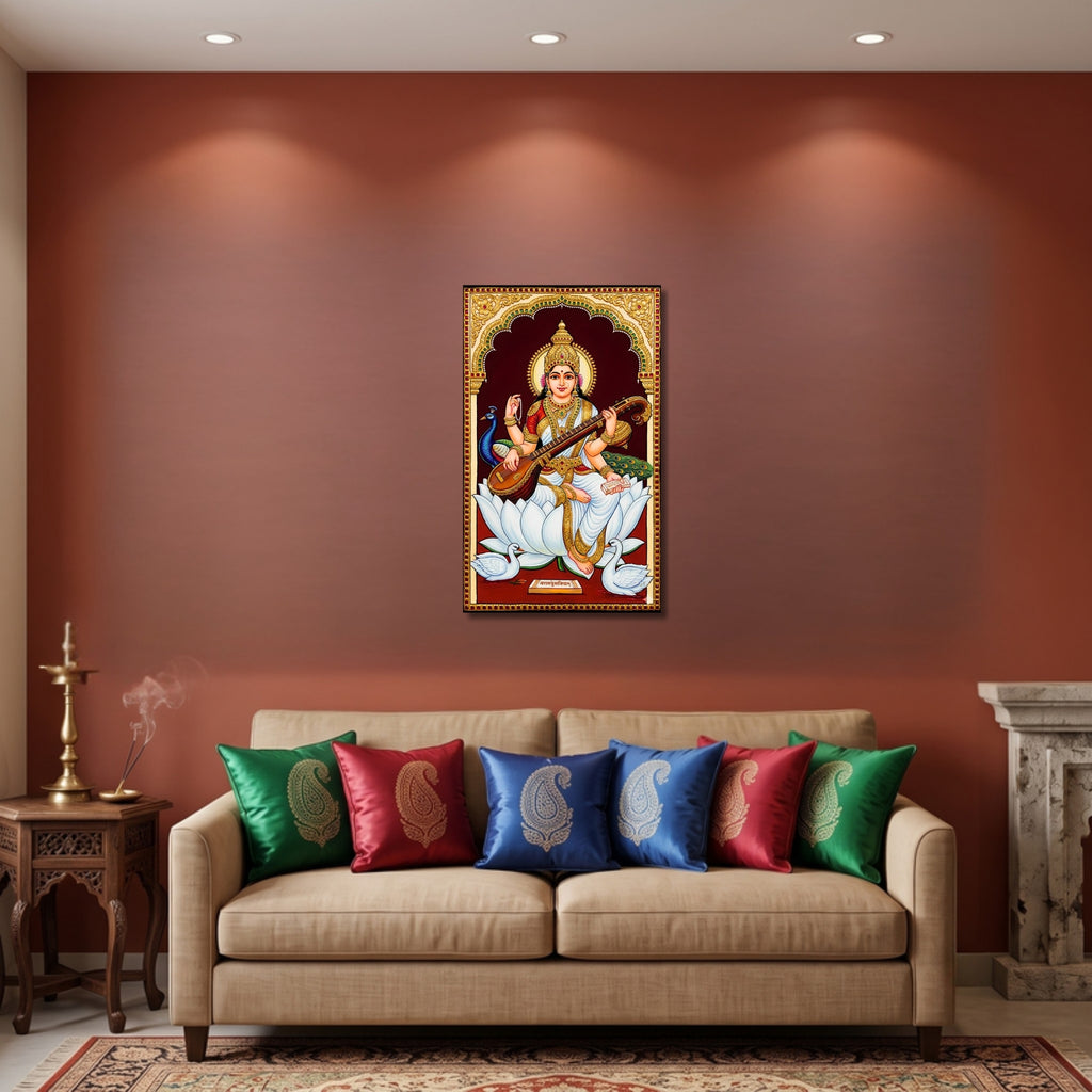 136.01 – Goddess Saraswati Tanjore Gold – Wisdom and Art Premium Wall Art – room mock-up 1