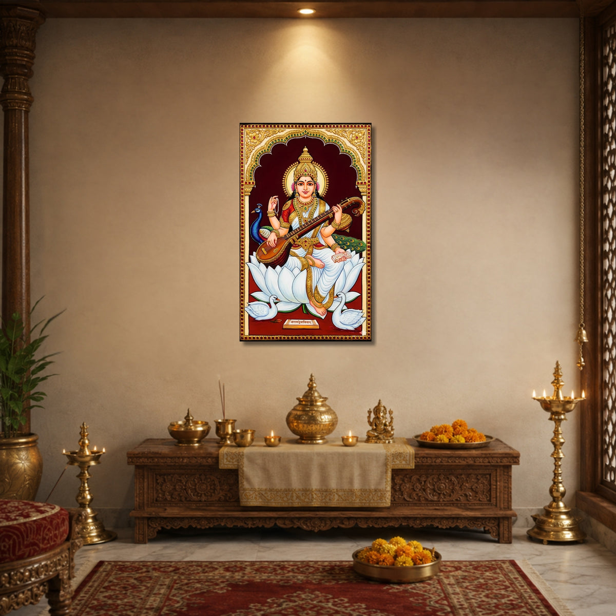 136.01 – Goddess Saraswati Tanjore Gold – Wisdom and Art Premium Wall Art – room mock-up 2