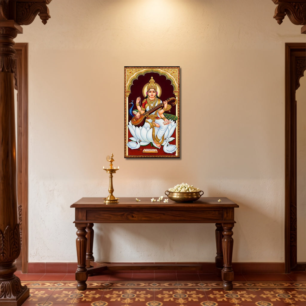 136.01 – Goddess Saraswati Tanjore Gold – Wisdom and Art Premium Wall Art – room mock-up 3