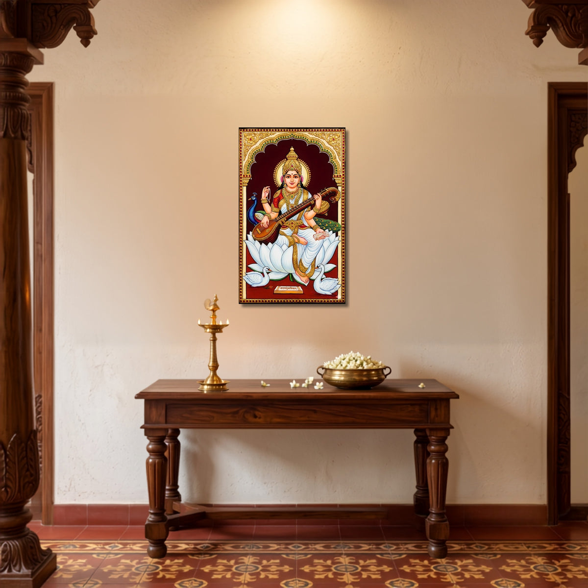 136.01 – Goddess Saraswati Tanjore Gold – Wisdom and Art Premium Wall Art – room mock-up 3