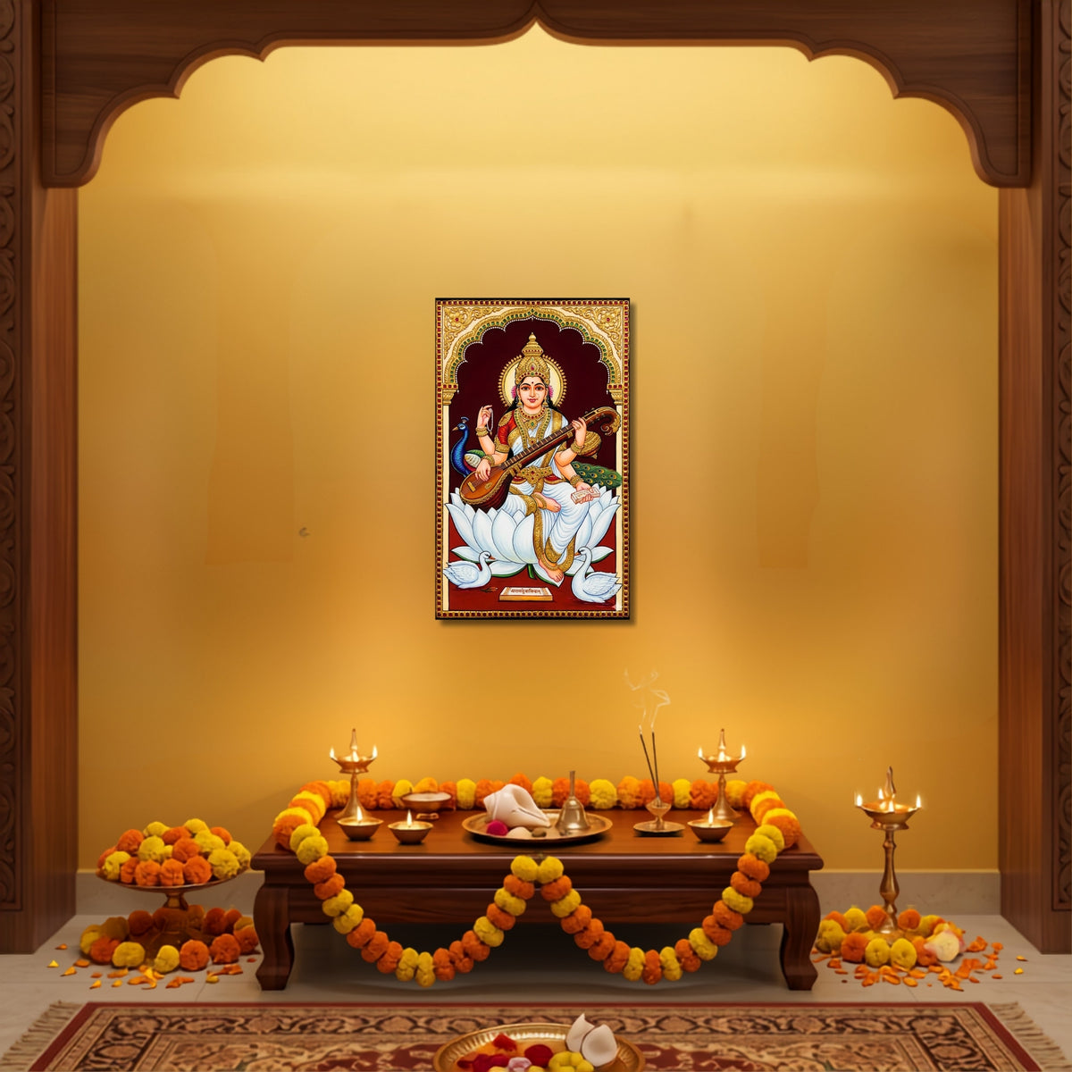 136.01 – Goddess Saraswati Tanjore Gold – Wisdom and Art Premium Wall Art – room mock-up 4