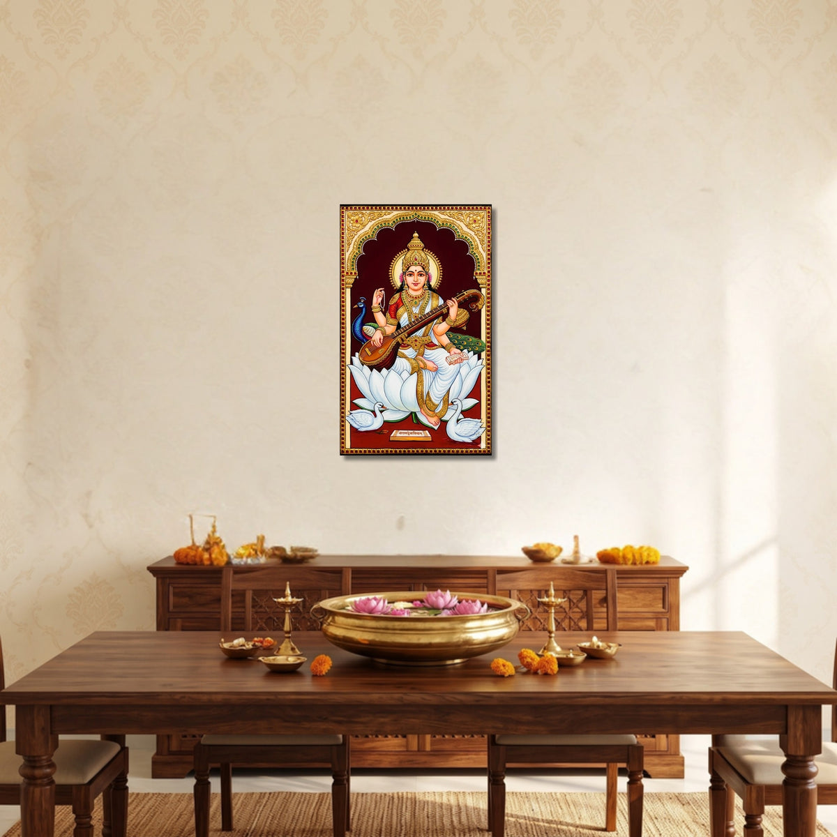 136.01 – Goddess Saraswati Tanjore Gold – Wisdom and Art Premium Wall Art – room mock-up 5