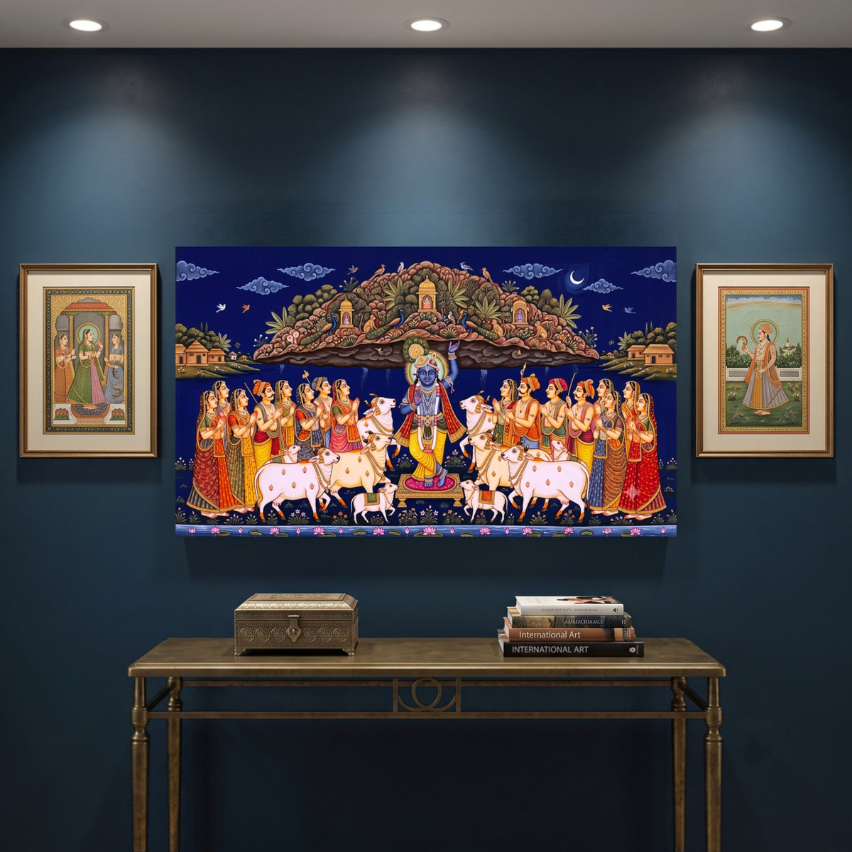 141.03 – Govardhan Leela – Pichwai Divine Protection Premium Wall Art – room mock-up 1