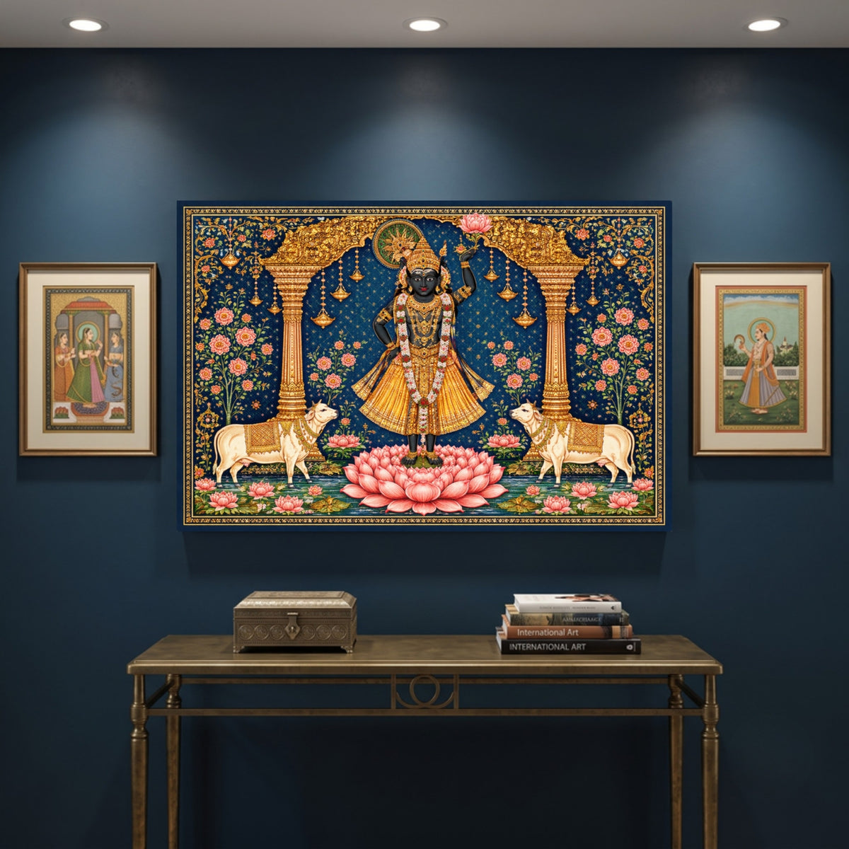 141.04 – Shrinathji on the Sacred Lotus – Pichwai Premium Wall Art – room mock-up 1