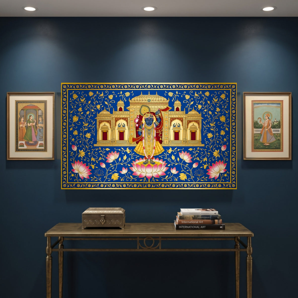 141.05 – Shrinathji on the Sacred Lotus – Pichwai Premium Wall Art – room mock-up 1