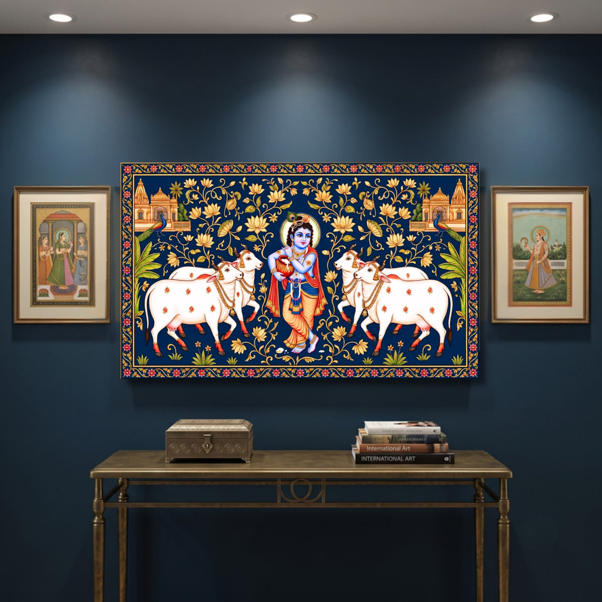 141.07 – Krishna Makhan Chor – Pichwai Premium Wall Art – room mock-up 1