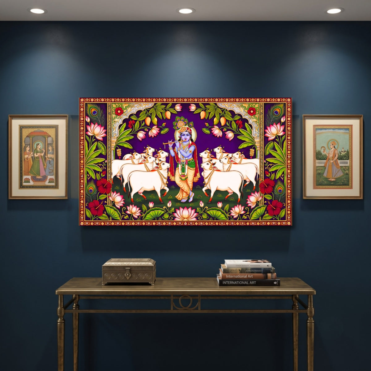 141.08 – Krishna with Sacred Cows – Pichwai Premium Wall Art – room mock-up 1