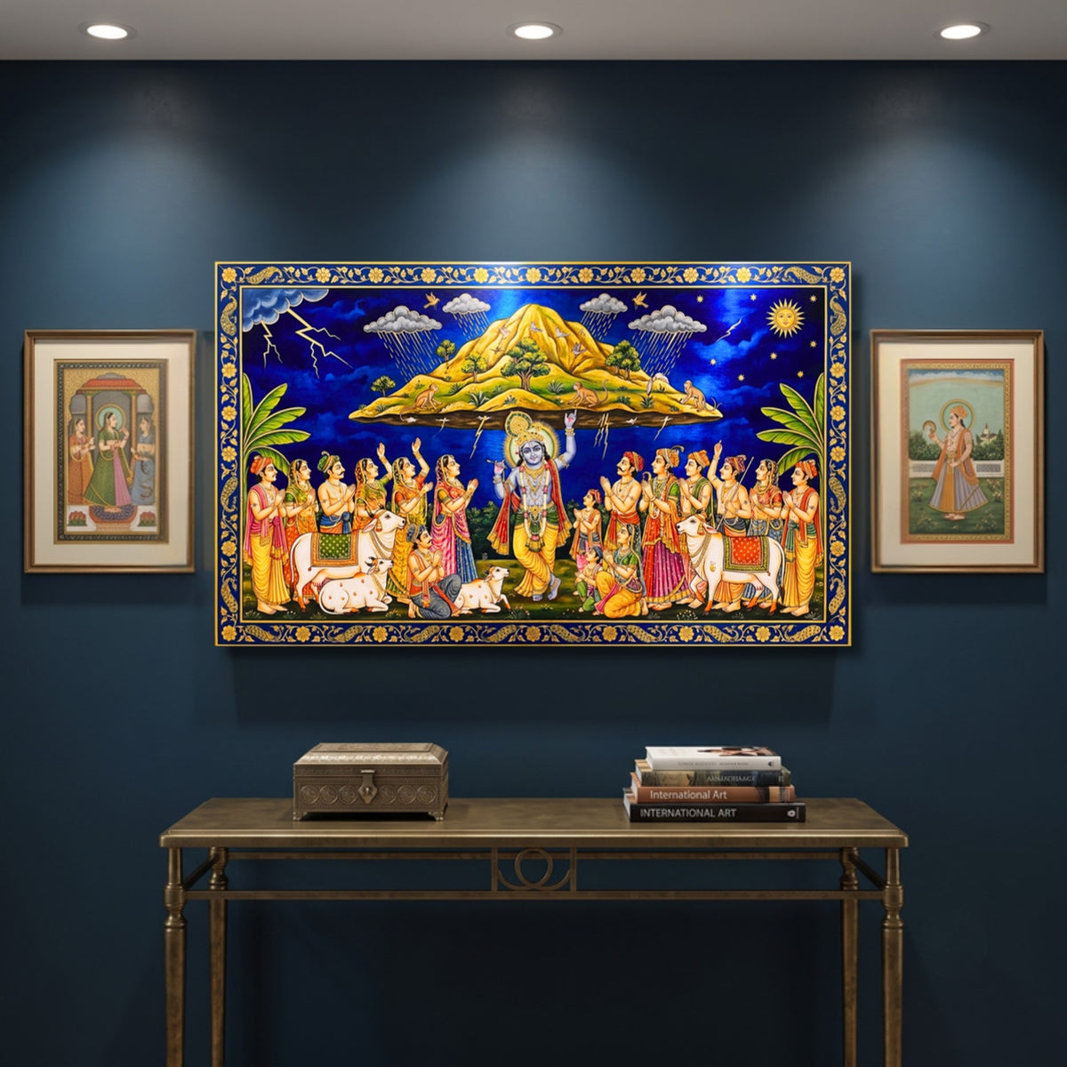 141.09 – Govardhan Leela – Pichwai Divine Protection Premium Wall Art – room mock-up 1
