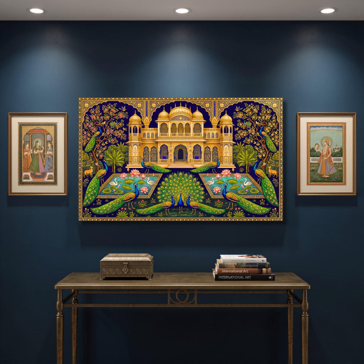 141.10 – Peacock Garden Royal Elegance – Pichwai Premium Wall Art – room mock-up 1