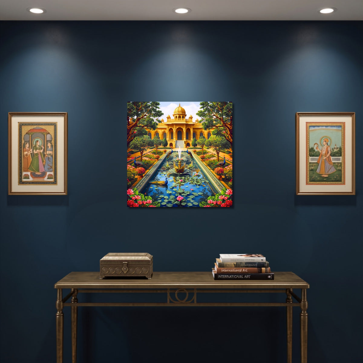 141.12 – Peacock Garden Royal Elegance – Pichwai Premium Wall Art – room mock-up 1