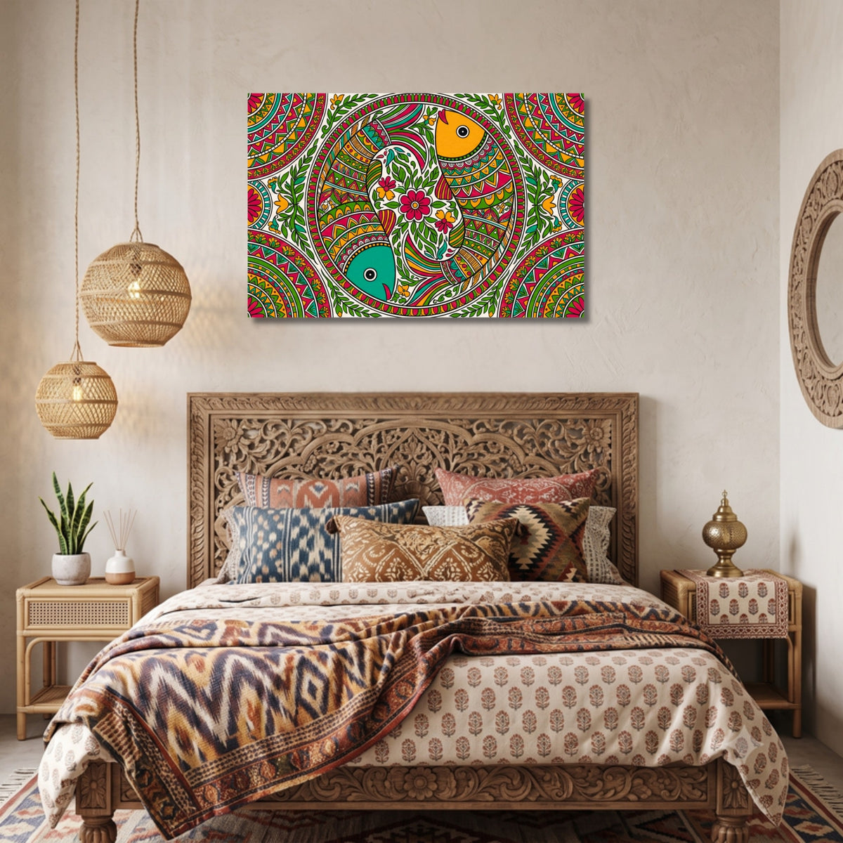 143.02 – Madhubani Fish of Prosperity – Folk Harmony Premium Wall Art – room mock-up 1
