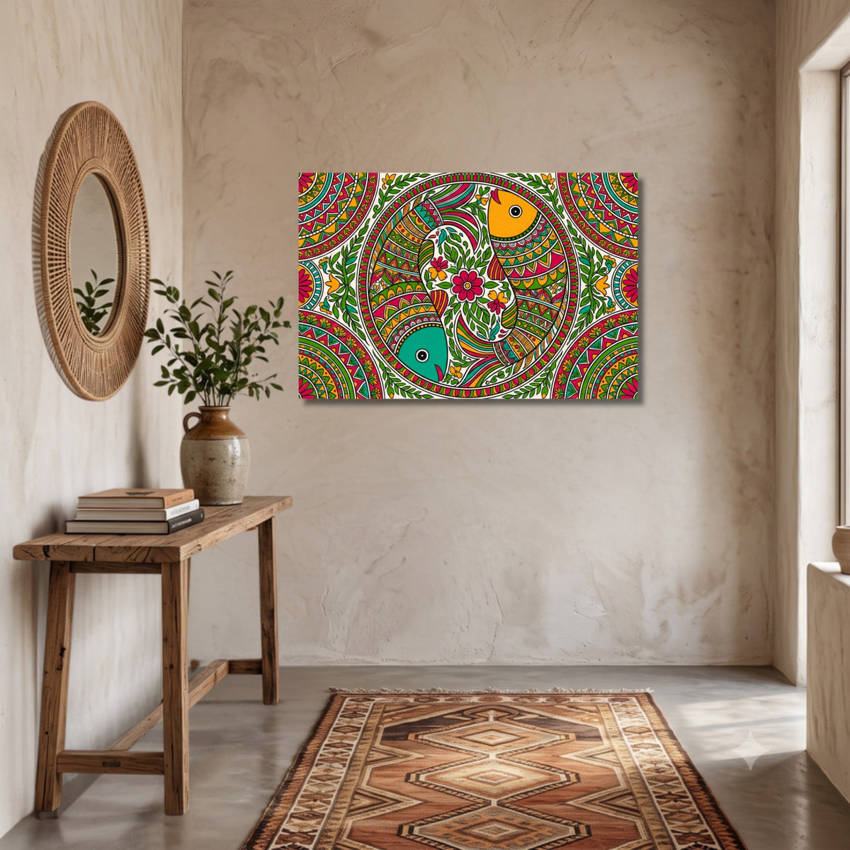 143.02 – Madhubani Fish of Prosperity – Folk Harmony Premium Wall Art – room mock-up 2