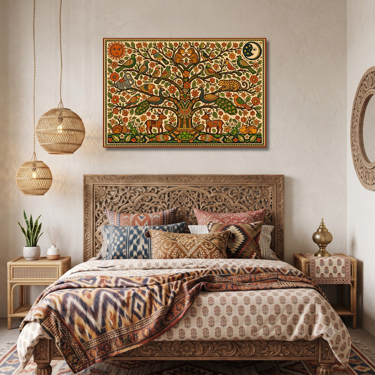 143.03 – Madhubani Tree of Life – Sacred Balance Folk Premium Wall Art – room mock-up 1