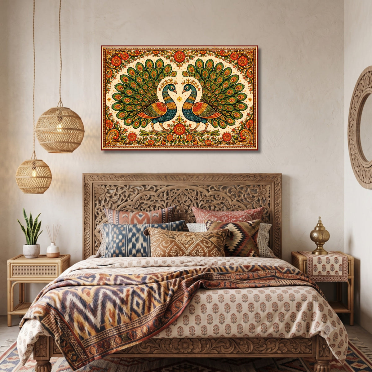 143.04 – Madhubani Peacock Harmony – Folk Pair Premium Wall Art – room mock-up 1