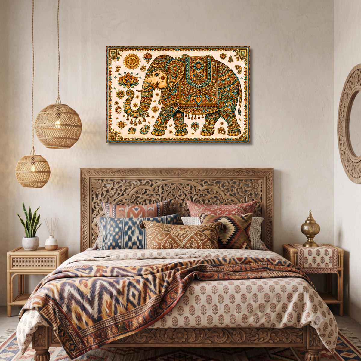 143.05 – Madhubani Elephant Blessing – Auspicious Folk Premium Wall Art – room mock-up 1