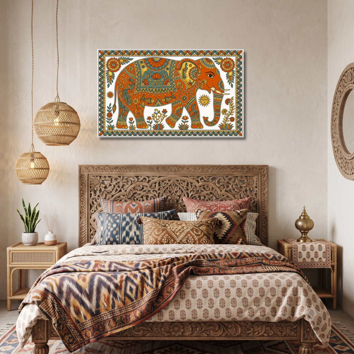143.06 – Elephant Blessing – Madhubani Folk Auspicious Premium Wall Art – room mock-up 1