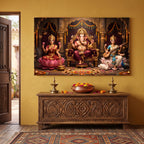 166.01 – Royal Darbar – Lakshmi, Ganesha & Saraswati Temple Premium Wall Art – room mock-up 1