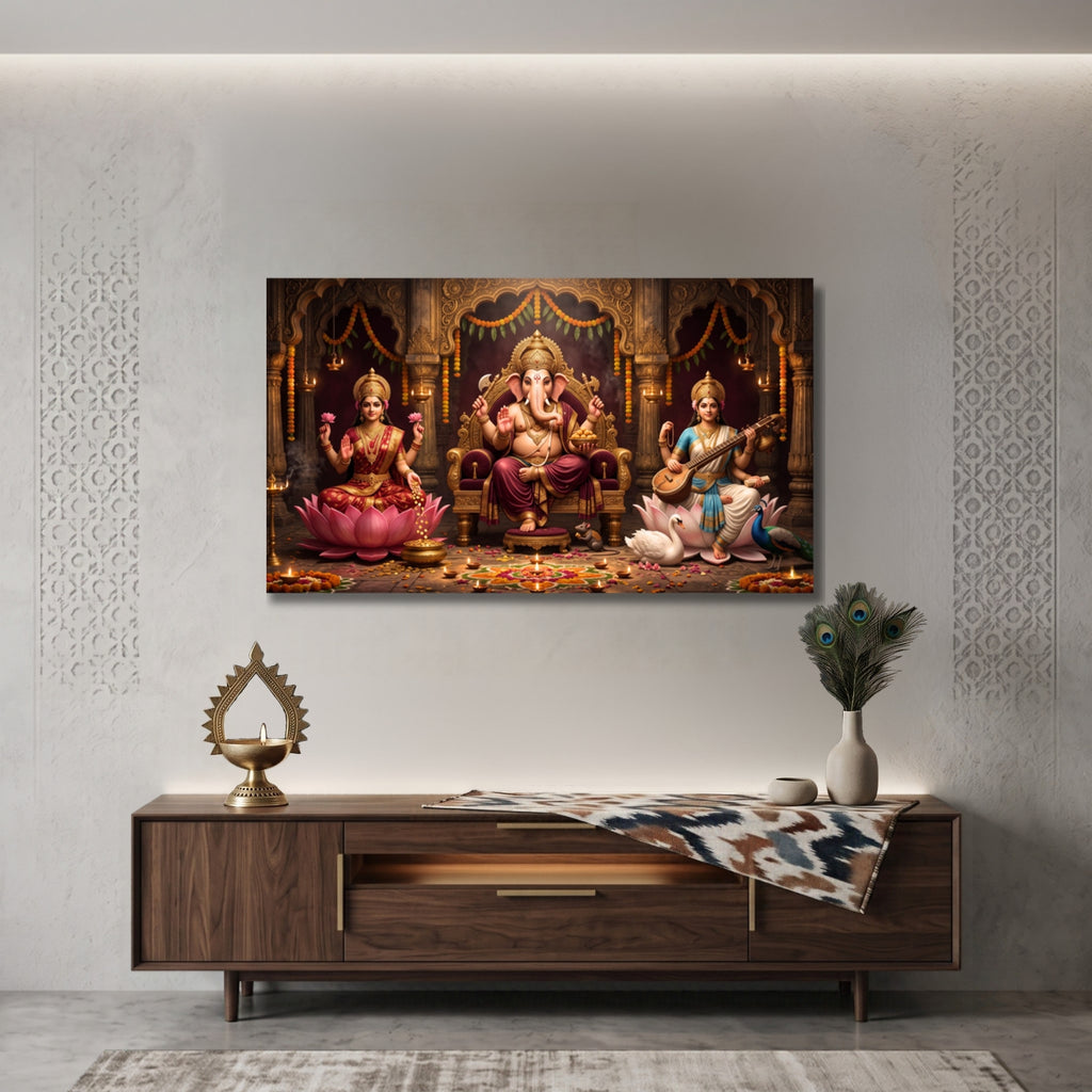 166.01 – Royal Darbar – Lakshmi, Ganesha & Saraswati Temple Premium Wall Art – room mock-up 5