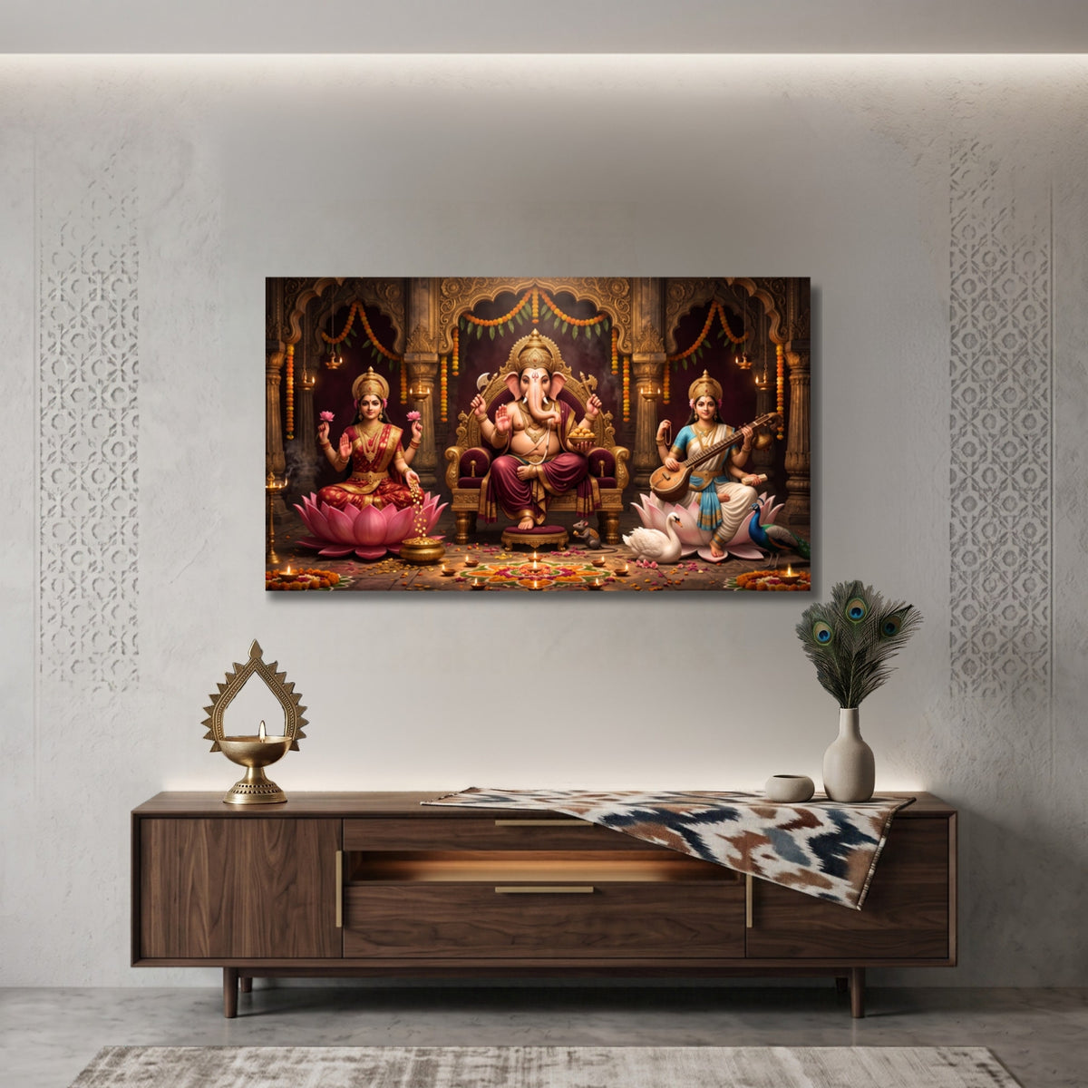 166.01 – Royal Darbar – Lakshmi, Ganesha & Saraswati Temple Premium Wall Art – room mock-up 5
