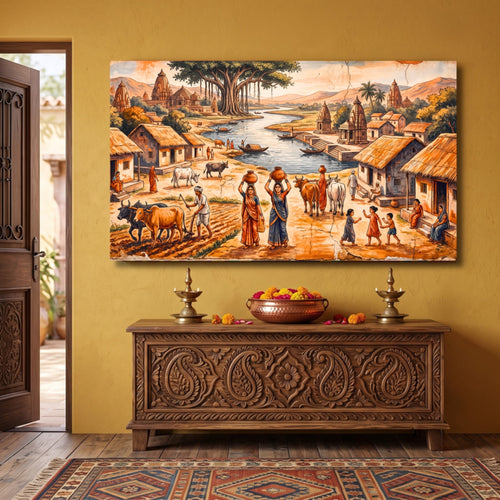 180.01 – Life Along the Sacred Land – Ancient Village Premium Wall Art – room mock-up 1
