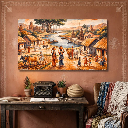 180.01 – Life Along the Sacred Land – Ancient Village Premium Wall Art – room mock-up 2