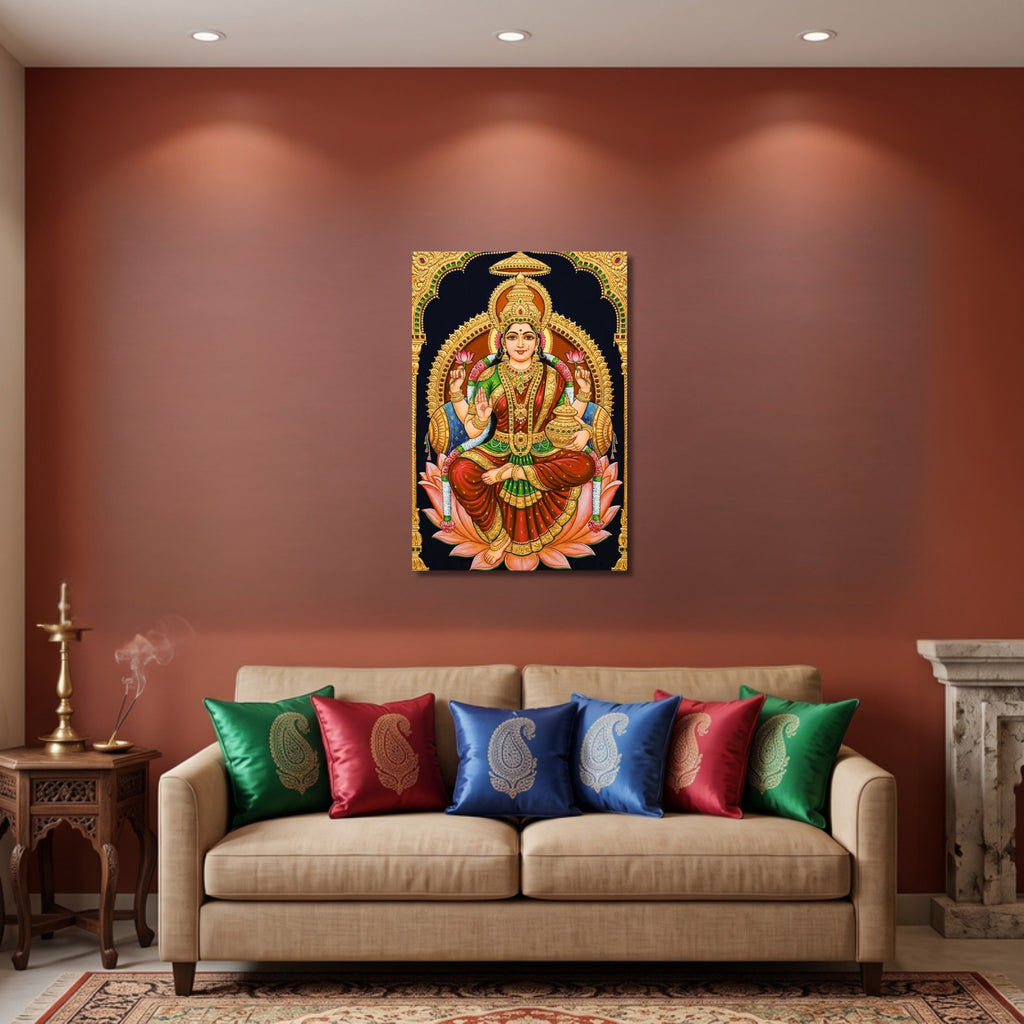 186.01 – Lakshmi Devi Tanjore Royal Portrait – Devotional Premium Wall Art – room mock-up 1