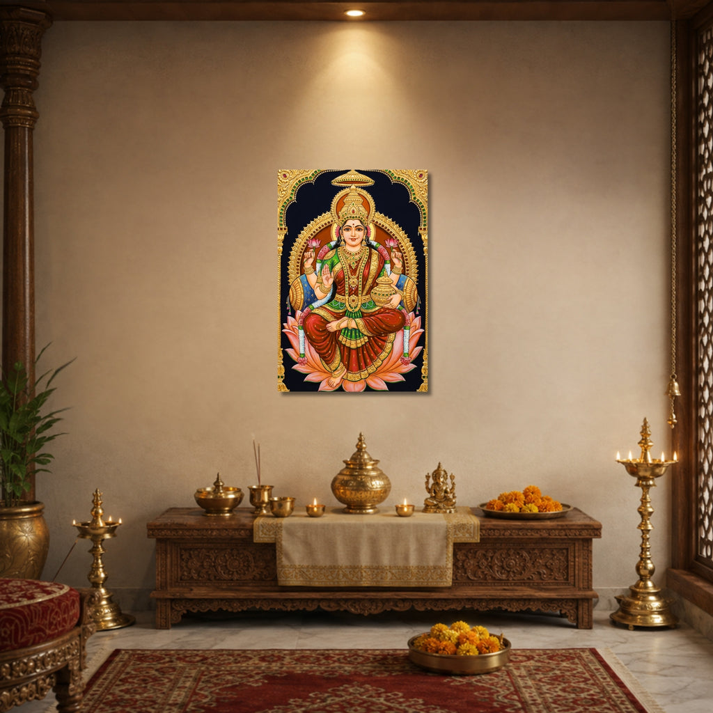 186.01 – Lakshmi Devi Tanjore Royal Portrait – Devotional Premium Wall Art – room mock-up 2