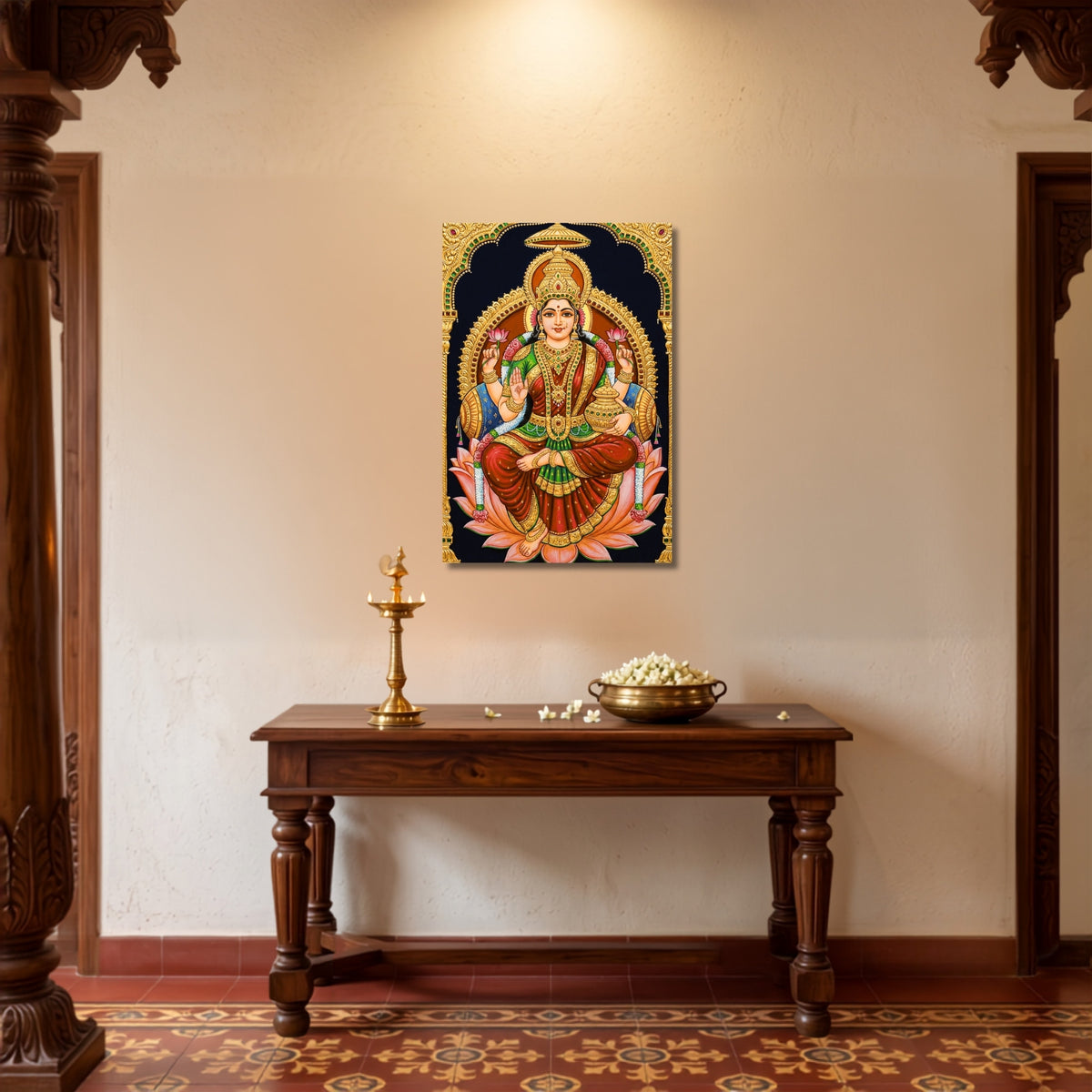 186.01 – Lakshmi Devi Tanjore Royal Portrait – Devotional Premium Wall Art – room mock-up 3