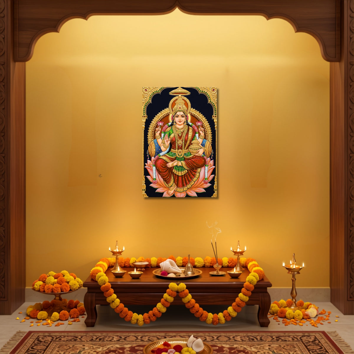 186.01 – Lakshmi Devi Tanjore Royal Portrait – Devotional Premium Wall Art – room mock-up 4