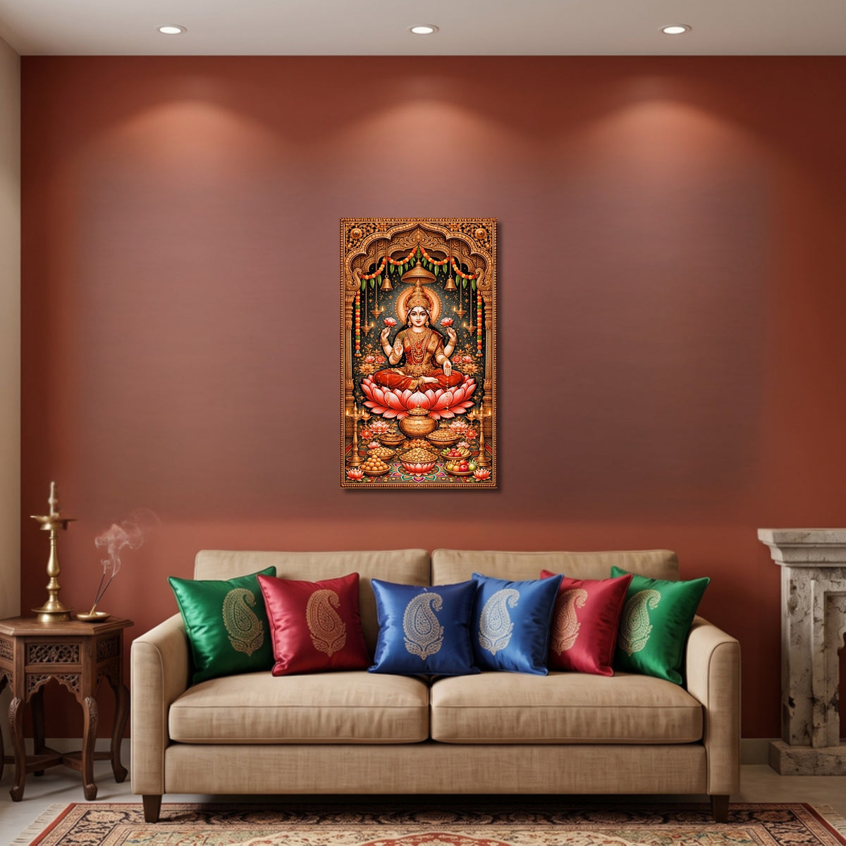 186.02 – Goddess Lakshami JI Tanjore Gold – Wisdom and Art Premium Wall Art – room mock-up 1