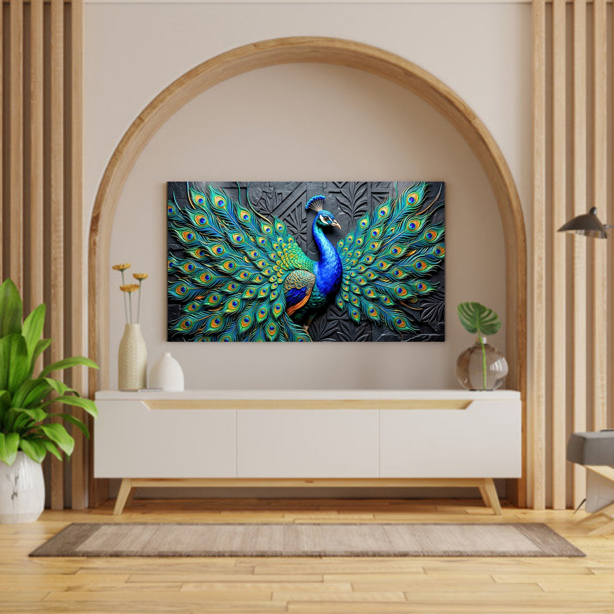 194.02 – Peacock Awakening – 3D Mural Royal Expansion Premium Wall Art – room mock-up 1