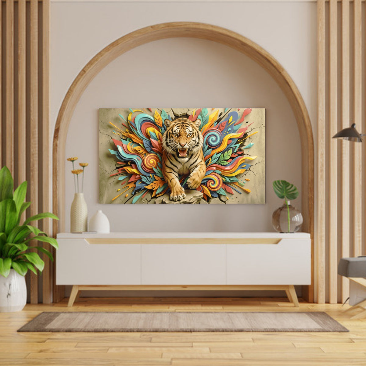 194.03 – Unleashed Energy – Colour Burst Tiger 3D Mural Premium Wall Art – room mock-up 1