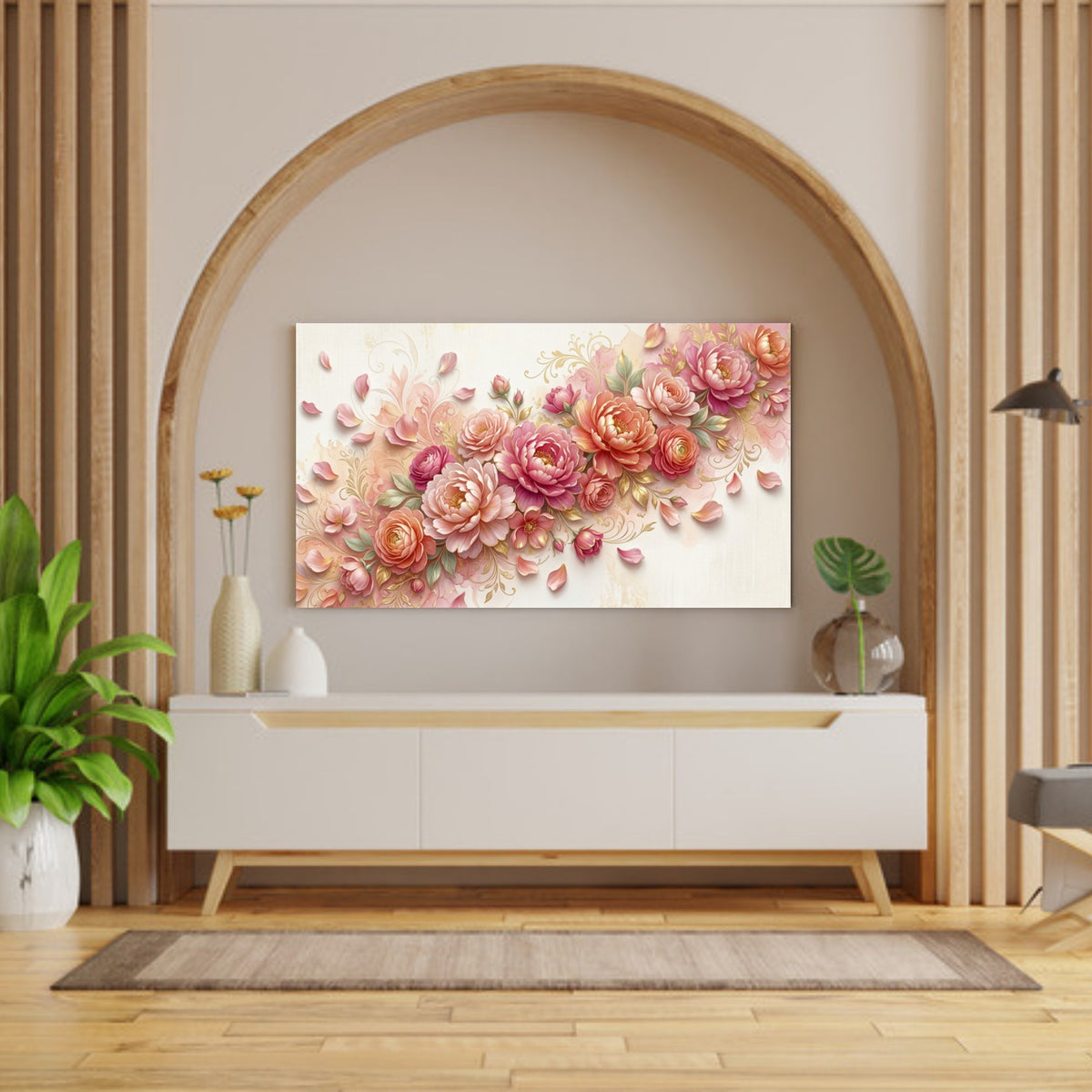 194.04 – Bloom in Motion – 3D Mural Floral Petals Premium Wall Art – room mock-up 1