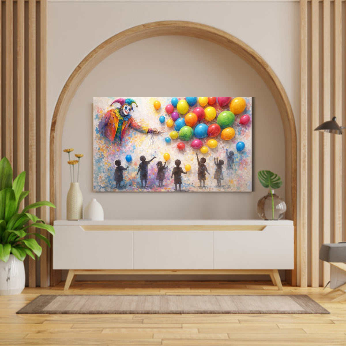 194.17 – The Balloon Seller – Wide 3D Mural Storytelling Premium Wall Art – room mock-up 1
