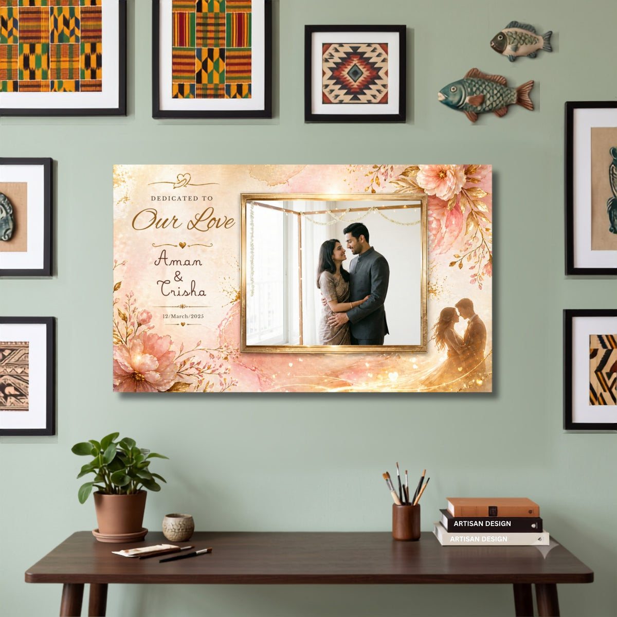 195.03.01 – Personalised Couple Photo Art – Dedicated to Our Love Wall Art – room mock-up 2
