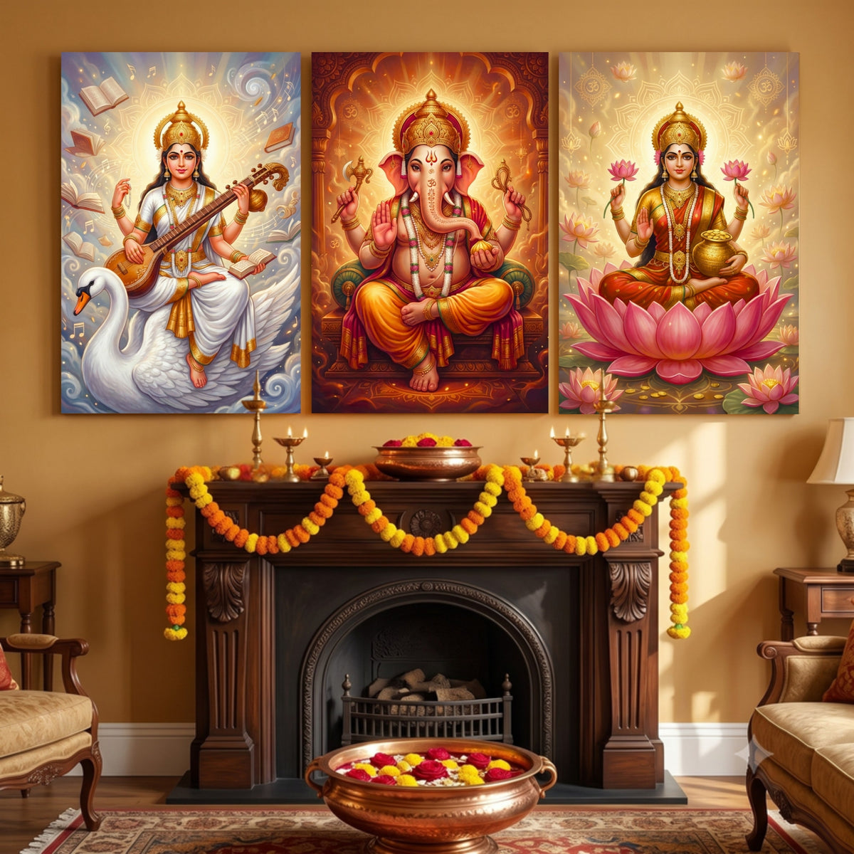 213.02.01 – Lakshmi Ji Goddess of Abundance – Tanjore Gold Premium Wall Art – room mock-up 1