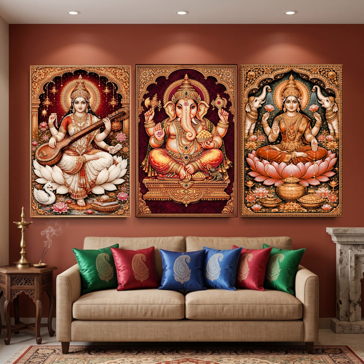 213.02.03 – Saraswati Veena Tanjore Gold – Vidya Devi Premium Wall Art – room mock-up 1