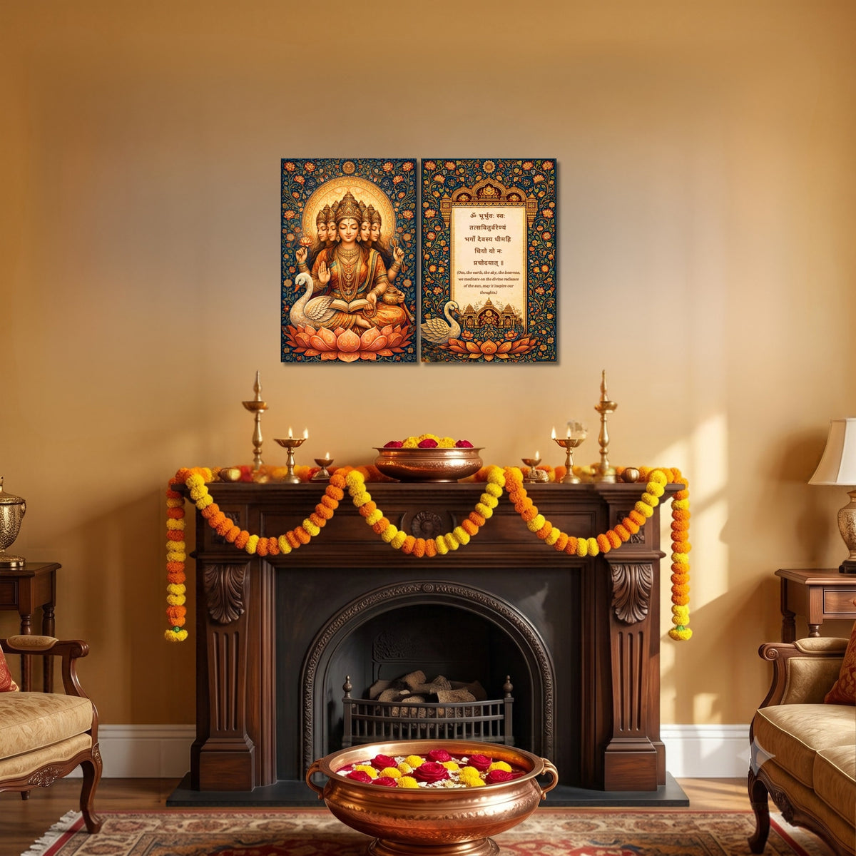 213.05.01 – Gayatri Mata Folk Grace – Indian Folk Art Premium Wall Art – room mock-up 1
